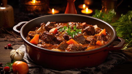 Beef Bourguignon with carrots and parsley on wooden backgroundの素材