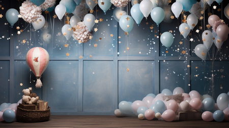 Blue and white balloons and gifts in front of a blue wooden wallの素材