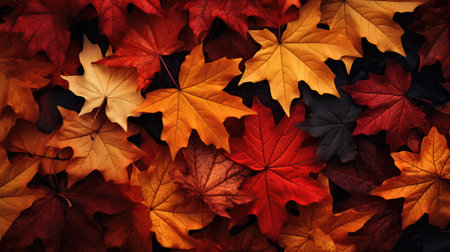 Autumn leaves background. Colorful autumn leaves on dark background.の素材