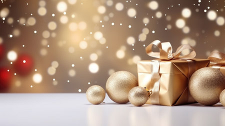 Gift box and golden christmas balls on bokeh backgroundの素材