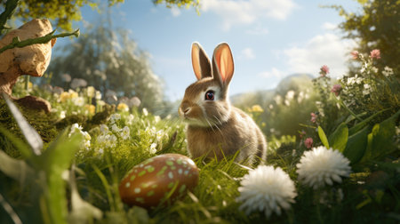 Easter bunny and easter egg in the grass with flowers.の素材