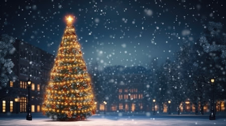 Christmas tree in the city at night with snowfall. 3d renderingの素材