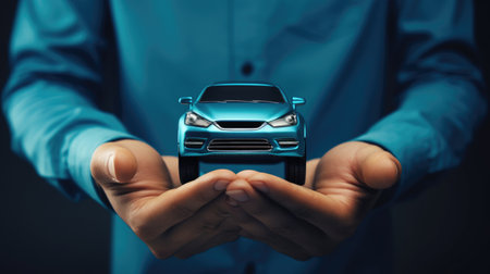 Close-up of businessman holding car model in palm. Car insurance conceptの素材