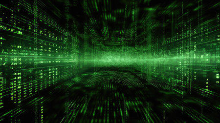 Green matrix digital background with binary code. Abstract cyberspace conceptの素材