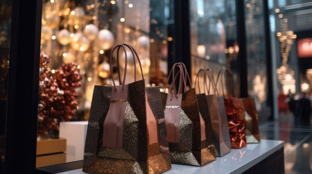 Shop window with shopping bags in luxury shopping mall. Blurred backgroundの素材