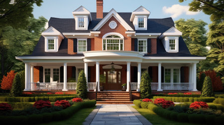 3D rendering of a beautiful classic american house in the gardenの素材