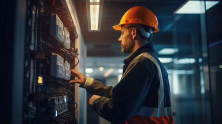 Young engineer working on a control panel in a server room. Industrial backgroundの素材
