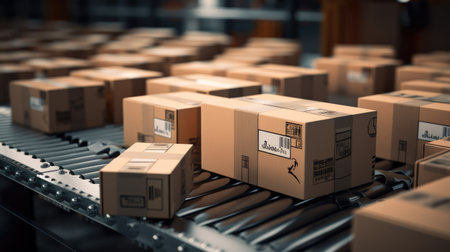 Boxes on conveyor belt in warehouse. 3D rendering.の素材