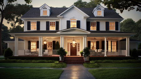 3D rendering of a beautiful classic american house in the eveningの素材