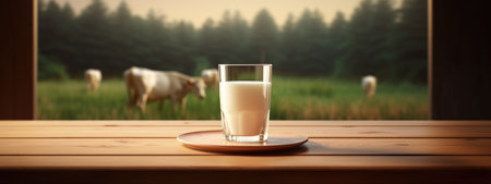 A glass of milk on a wooden table in the forest background.の素材
