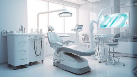 Dental office interior with dentist chair and equipment. 3d renderの素材