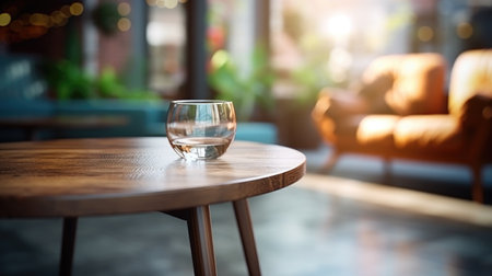 Glass of water on wooden table in coffee shop, vintage tone.の素材