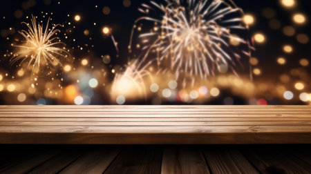Wooden table with fireworks and bokeh background. Collage.の素材