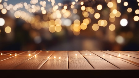 Wooden table with bokeh lights in the city at nightの素材