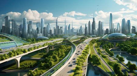modern city landscape with highway and skyscrapers, 3d renderの素材