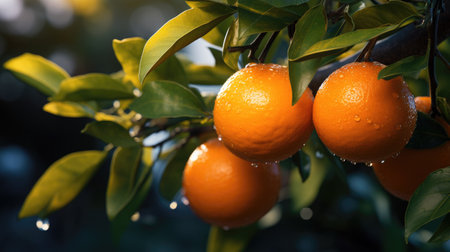 Ripe tangerines on the tree with dew drops.の素材