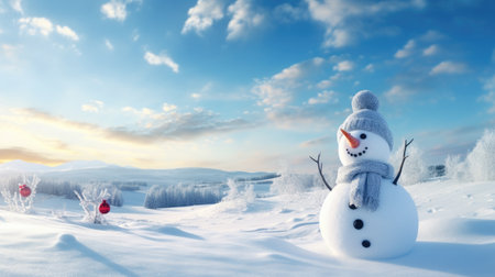 Snowman on the background of the winter landscape. 3d renderingの素材