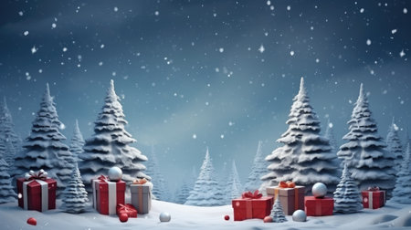 3D rendering of christmas gift boxes in snowy landscape with fir treesの素材