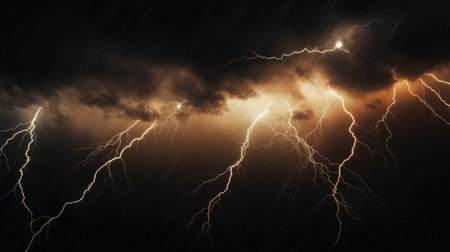 Lightning in the night sky. Thunderstorm. Abstract background.の素材