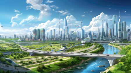 Futuristic city landscape with highway and skyscrapers, 3d renderの素材
