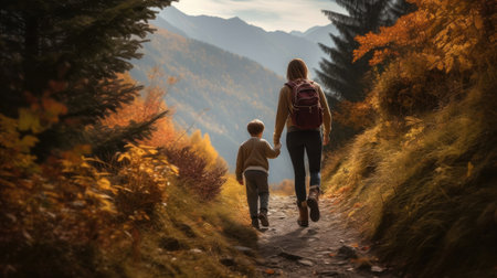 Mother and son hiking in the autumn forest. Traveling with children conceptの素材