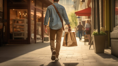 Back view of a young man walking with shopping bags in the cityの素材