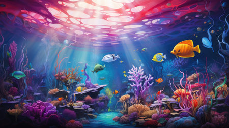 Underwater world with corals and tropical fish. 3d renderingの素材