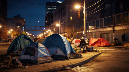 Tents on the street at night in the center of the cityの素材