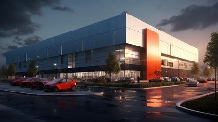 3d render of a modern office building with a lot of carsの素材