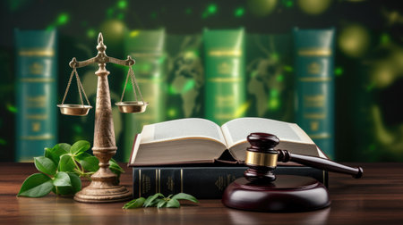 Law theme, mallet of judge, wooden gavel, books and green leaves.の素材