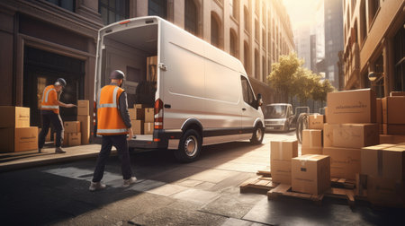 Warehouse staff walking in front of a commercial delivery van with boxesの素材