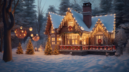 Christmas village in the winter forest. Christmas and New Year background.の素材
