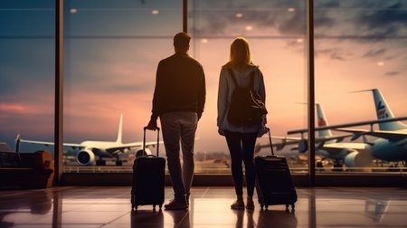Back view of couple with suitcases standing in airport terminal at sunsetの素材