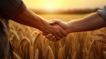 Close-up of two men shaking hands in wheat field at sunsetの素材