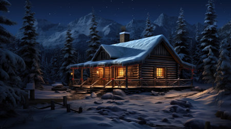 Wooden house in the mountains at night, 3D illustration.の素材