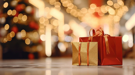 Christmas gift boxes on the floor in the shopping mall with bokeh backgroundの素材