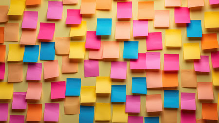 Many colorful sticky notes on yellow background, flat lay. Space for textの素材