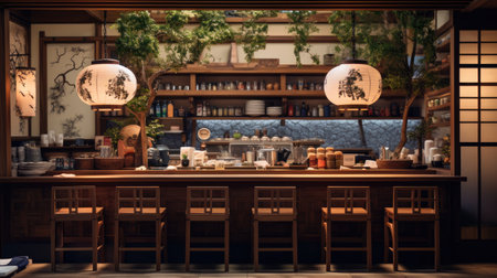 coffee shop interior with tables and chairs in japanese styleの素材