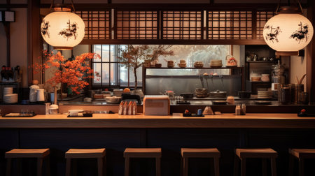 Interior of a Japanese restaurant in the evening. Toned.の素材