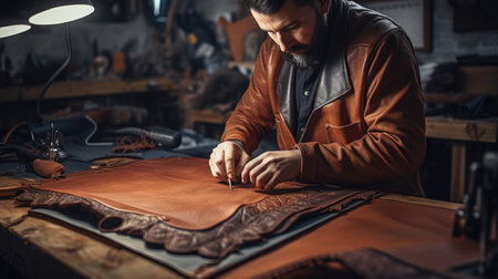 Leather craftsman working in his workshop. Leatherwork concept.の素材
