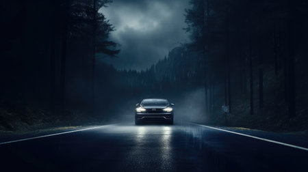 Car on the road in a dark forest at night. 3D renderingの素材