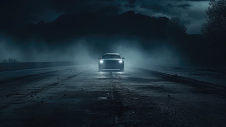 Car on the road in the fog at night. 3d renderingの素材