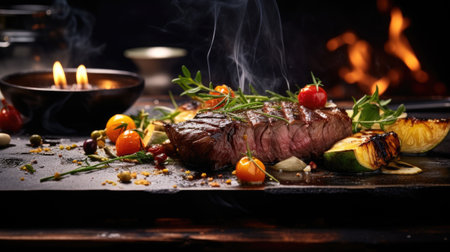 Grilled steak with vegetables and spices on a dark background. Restaurantの素材