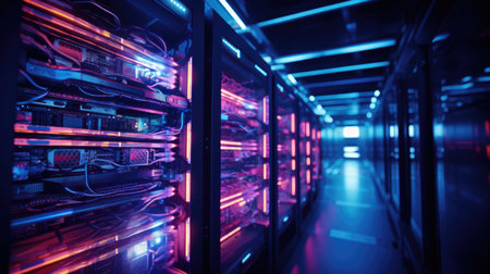network server room data center with rows of hard drives glowing neon lightsの素材
