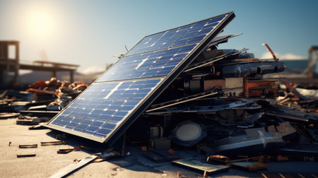 Photovoltaic panels installed on the roof of a building.の素材