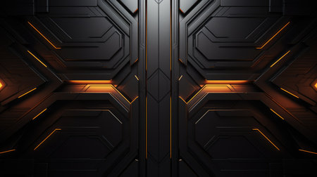 3D rendering of futuristic black and orange background with glowing lines.の素材