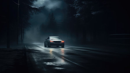 Car driving on the road in the dark forest at night with fogの素材