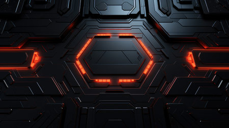 Dark futuristic background with glowing red hexagons. 3d render illustrationの素材