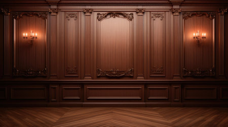 Classic interior with wooden floor and wall panels. 3d render illustrationの素材
