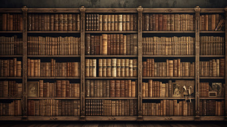 Old bookshelf with books in the library. 3d illustrationの素材